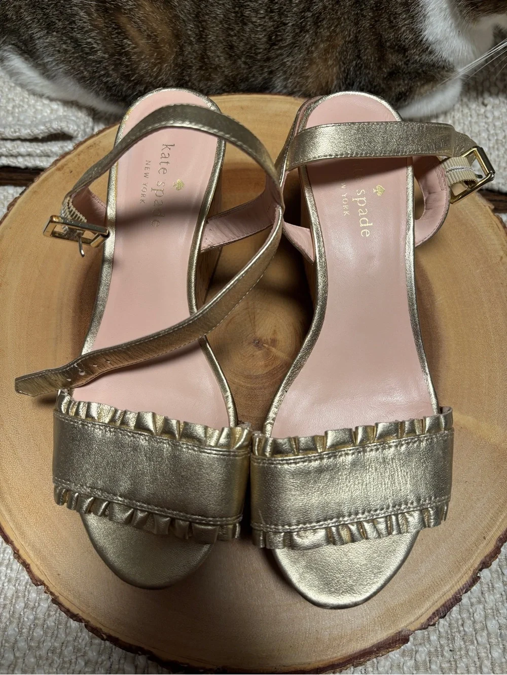 kate spade Metallic Gold Ruffle Strap Sandals